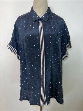 St John Silk Navy Polka Dot Women's Blouse with Striped Trim